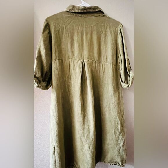 ELENA BALDI 100% LINEN KHAKI GREEN TAB SLEEVE SHIRT POCKETS DRESS ITALY SIZE S - Picture 5 of 7
